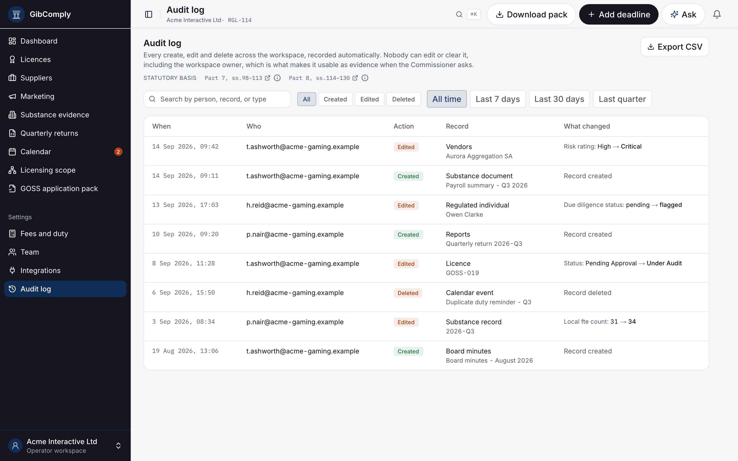 Audit log in GibComply, with illustrative data