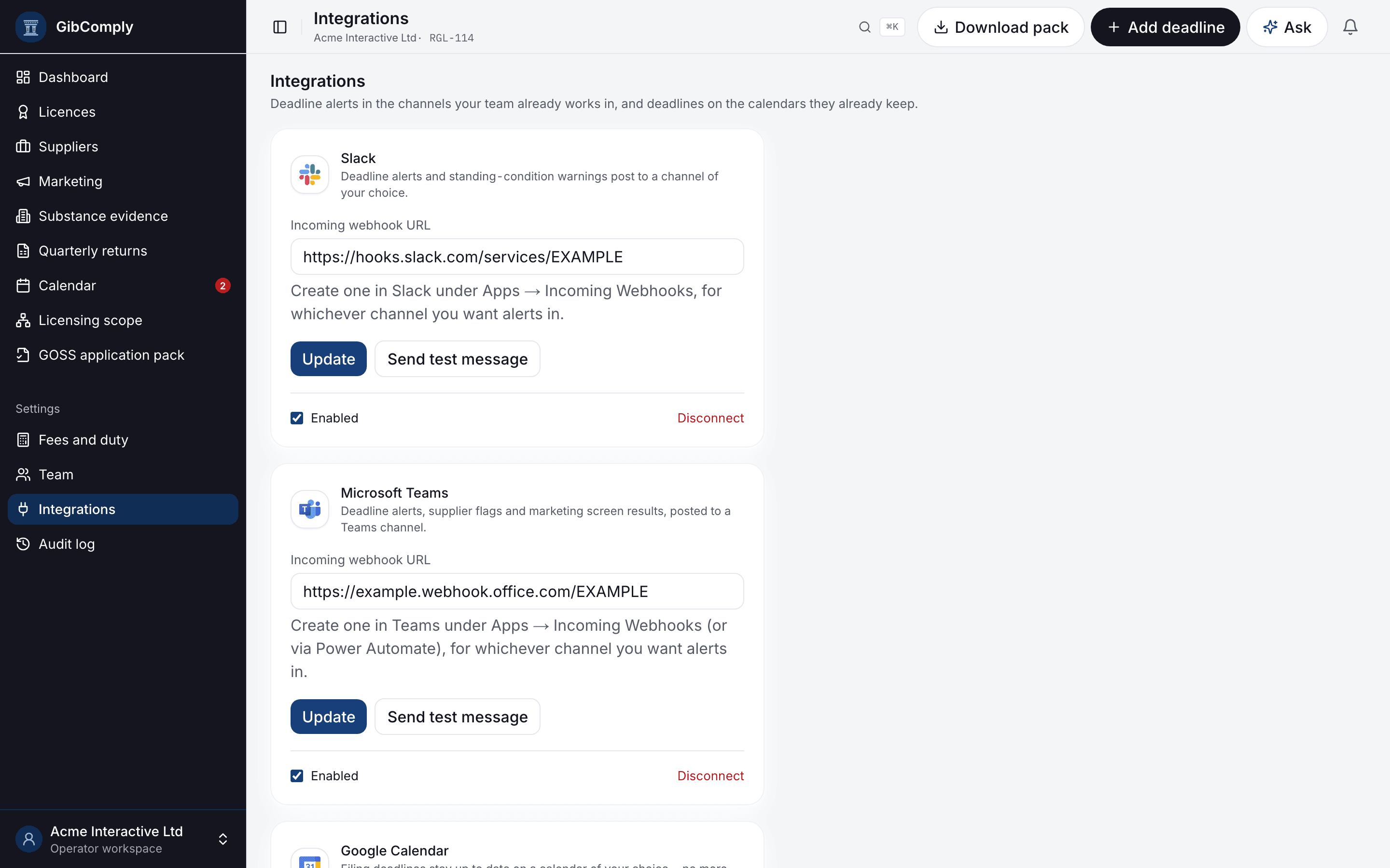 Integrations in GibComply, with illustrative data