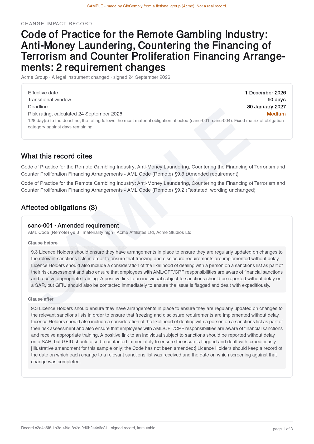 First page of a sample Change impact record, with example data