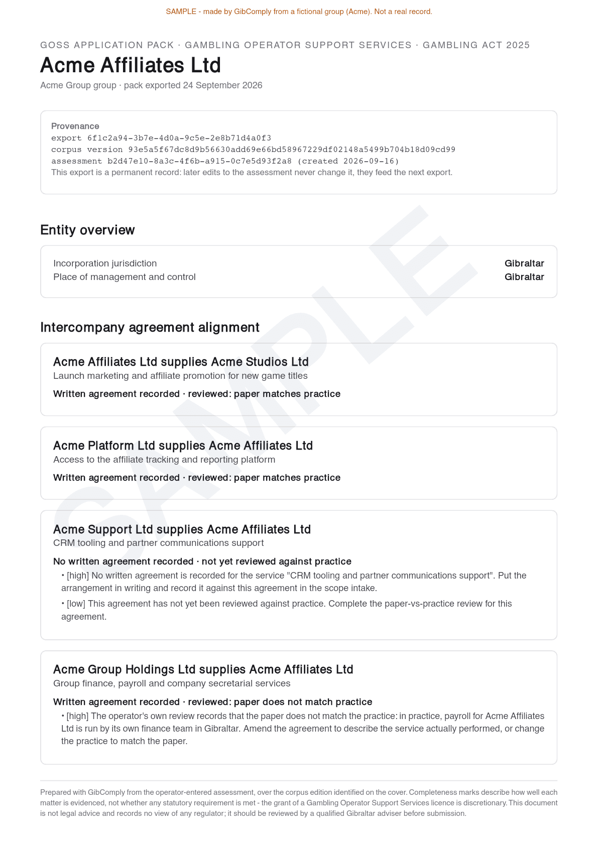 First page of a sample GOSS application pack, with example data
