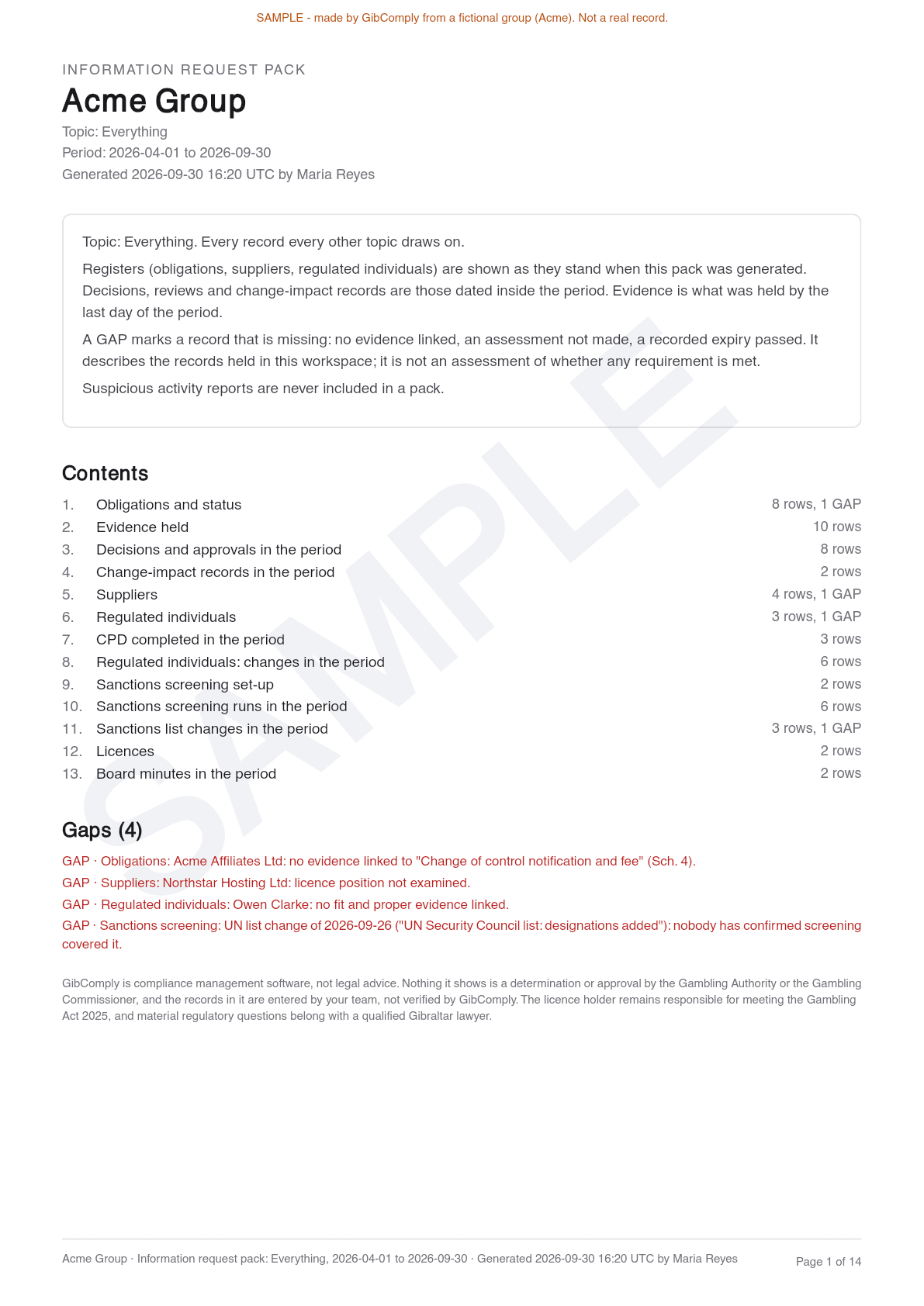 First page of a sample Regulator request pack, with example data