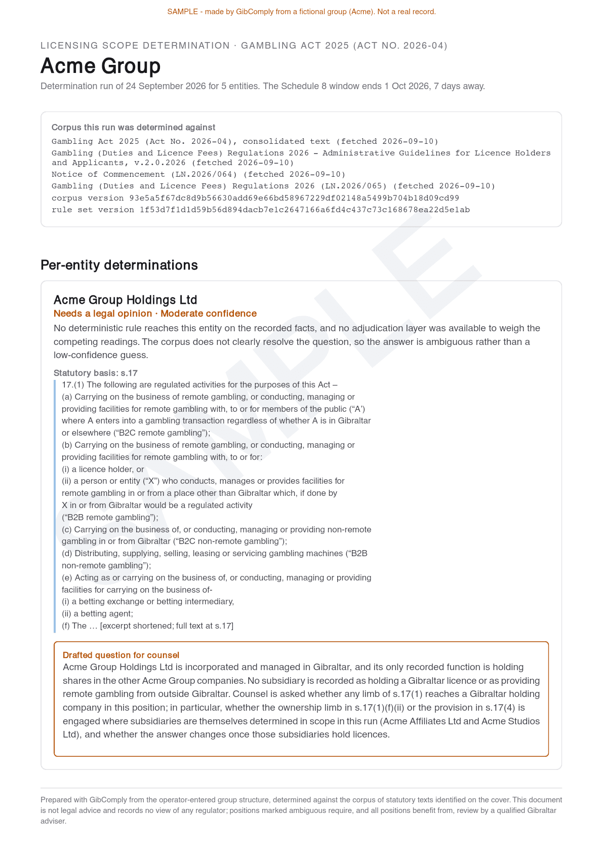 First page of a sample Scope determination, with example data